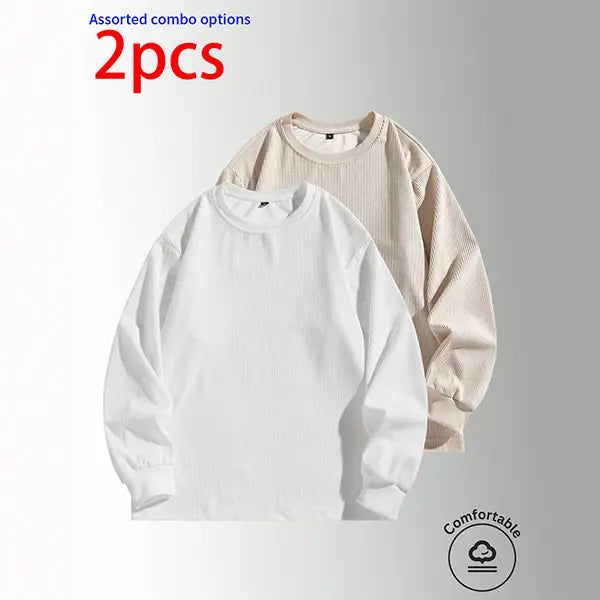 3-pack men’s sweatshirts: crewneck pullover, corduroy crewneck top, casual minimalist loose long-sleeve apparel; solid basic fit with vertical textured design; made from skin-friendly, breathable fabric—ideal for everyday commuting outfits.