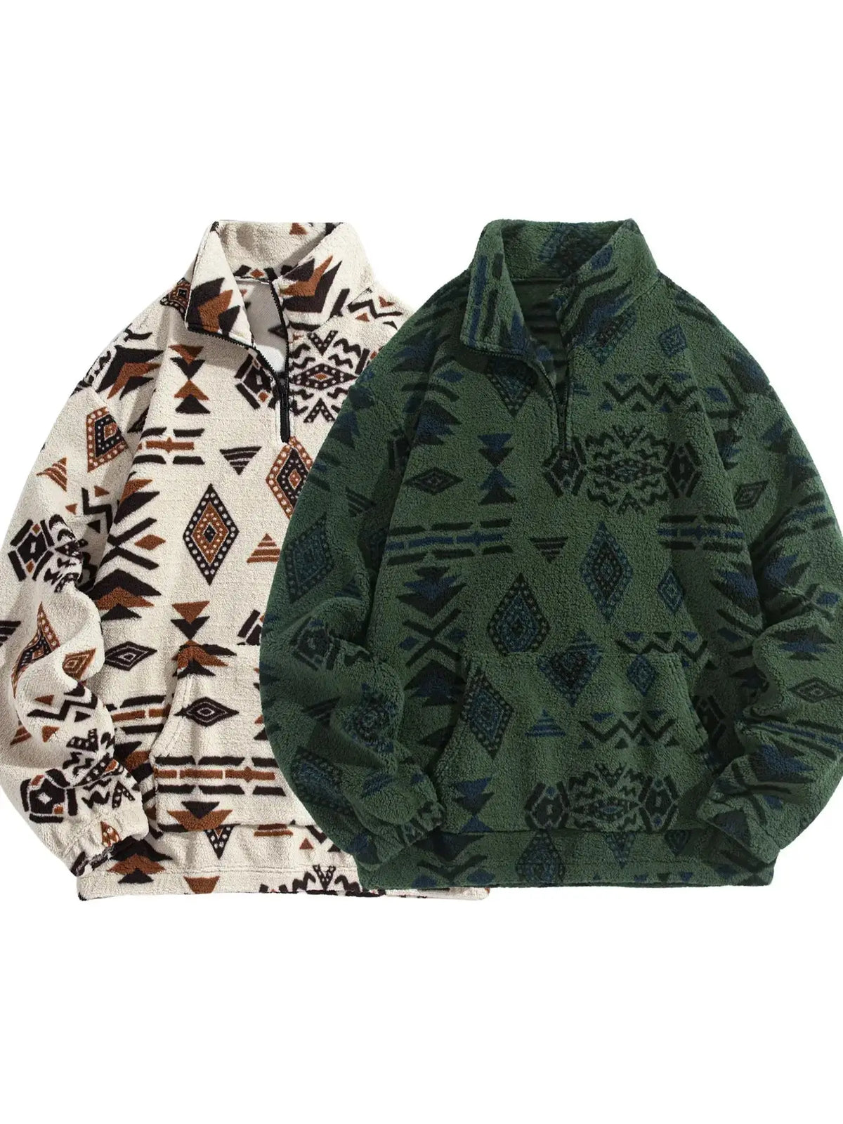 Men's Ethnic Pattern Zip Up Plush Loose Sweatshirt, Casual Long Sleeve Pocket Collared Pullover for Winter, Fashion Men's Clothes for Daily Wear