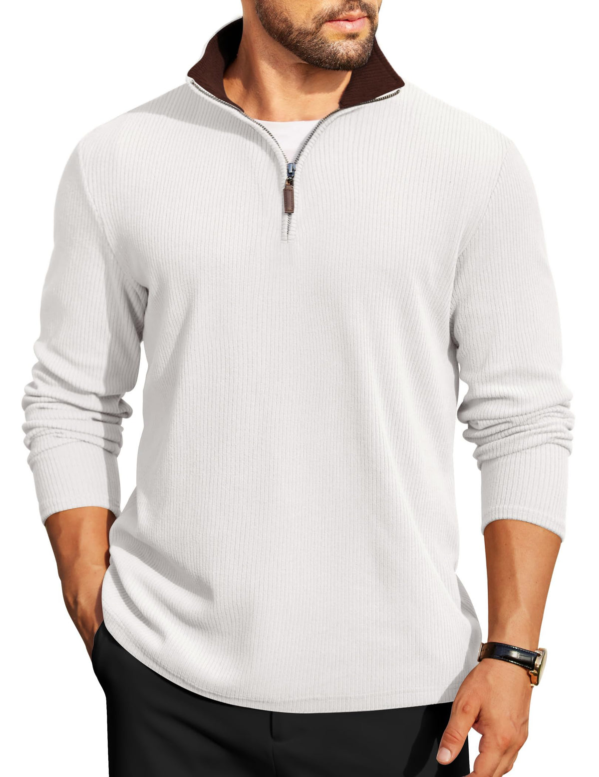 COOFANDY Mens Quarter Zip Pullover Contrast Collar Corduroy Sweatshirt