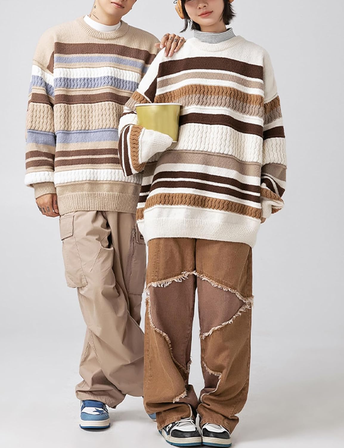 Arssm Mens Oversized Striped Sweater Vintage Crewneck Knit Pullover