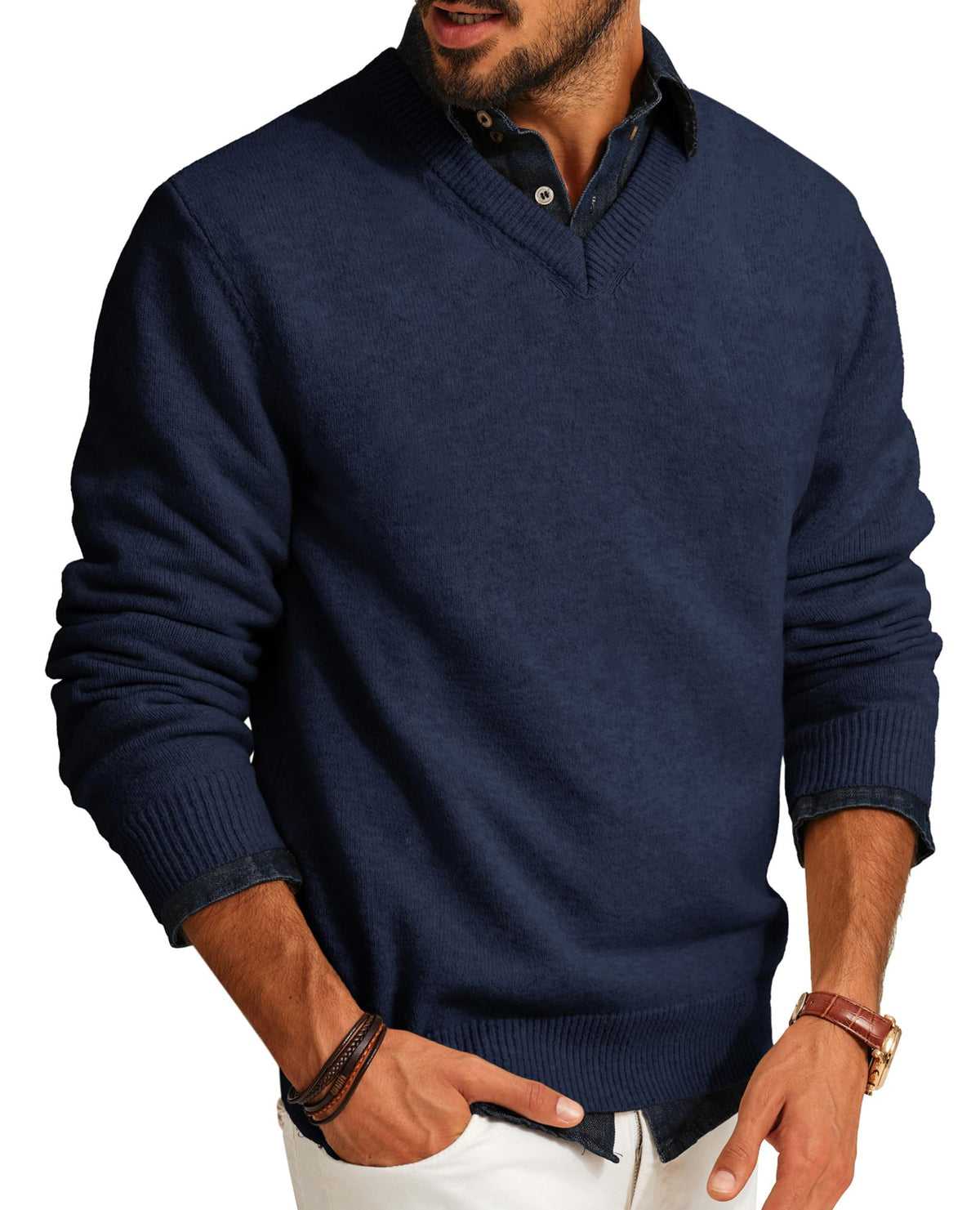 PJ PAUL JONES Mens Wool Blend Sweater V Neck Lightweight Pullover