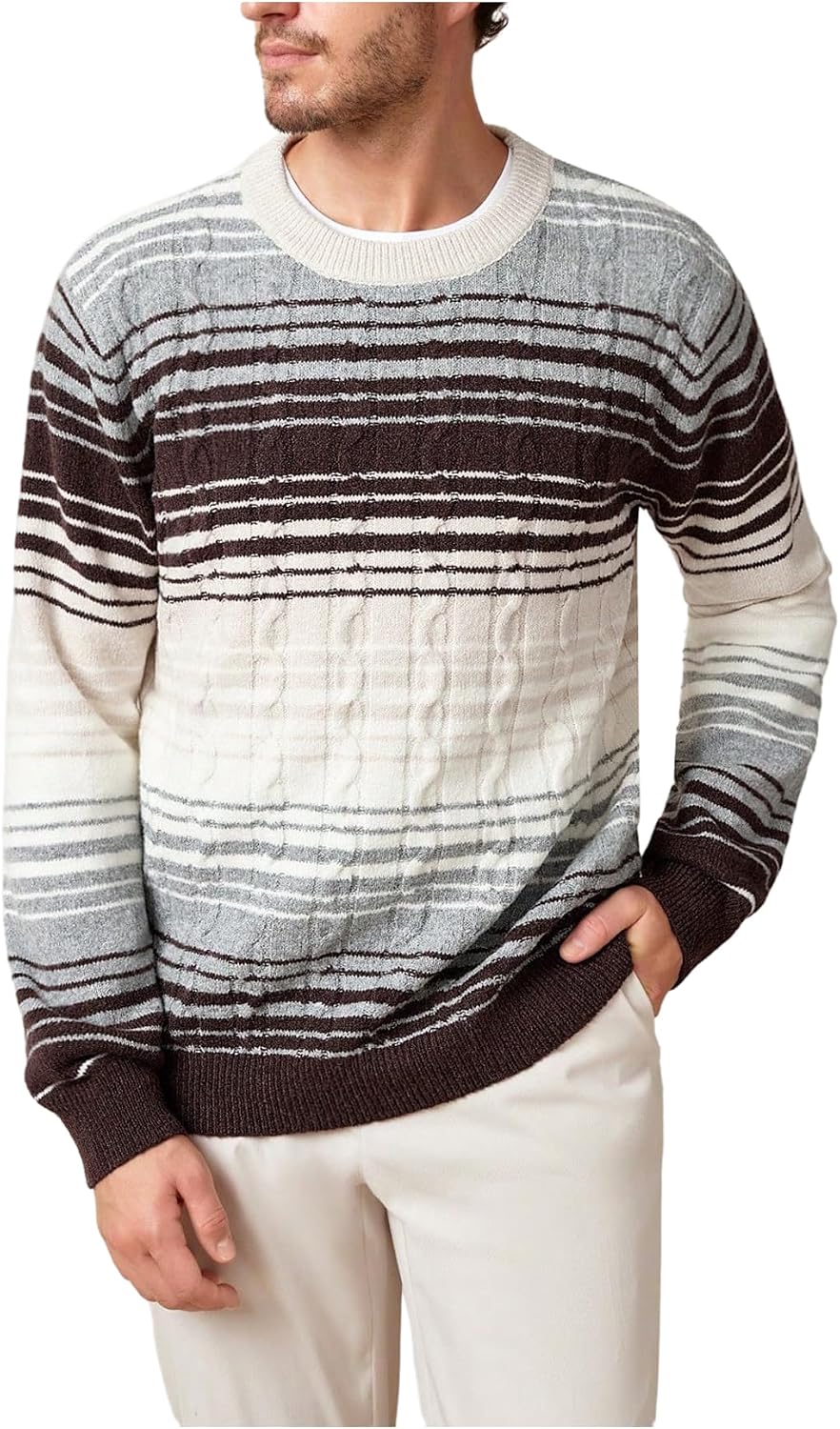 BEAUDRM Men's Color Block Sweater Crew Neck Long Sleeve Cable Knit Pullover Tops Casual Knitwear