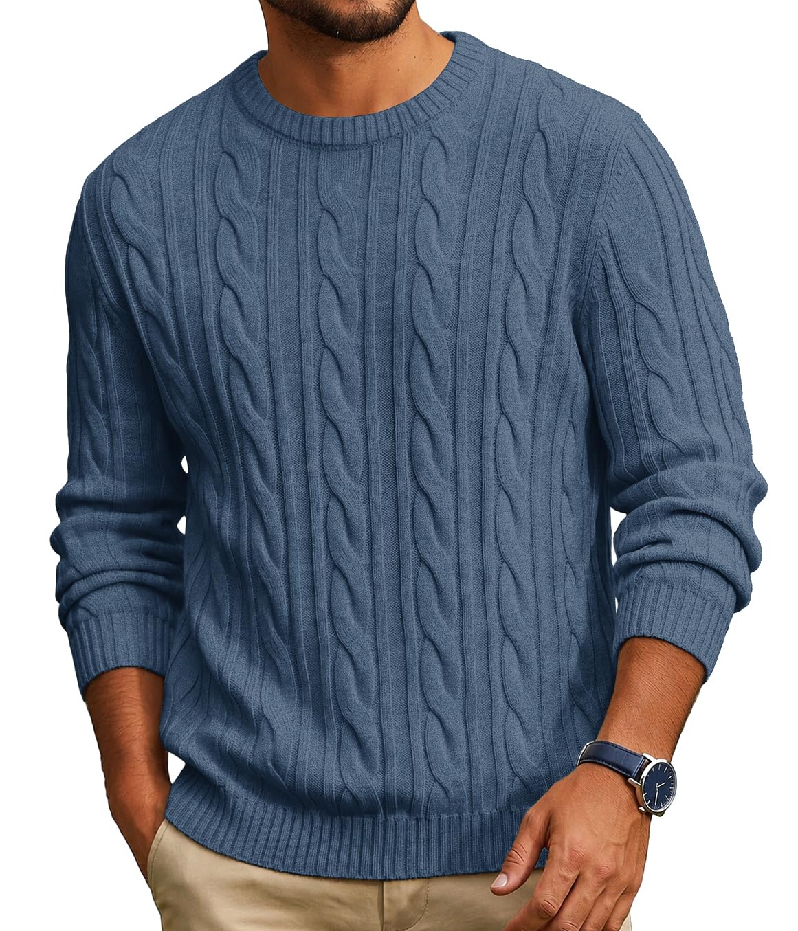 COOFANDY Mens Sweater Crewneck Cable Knit Sweater Casual Warm Pullover