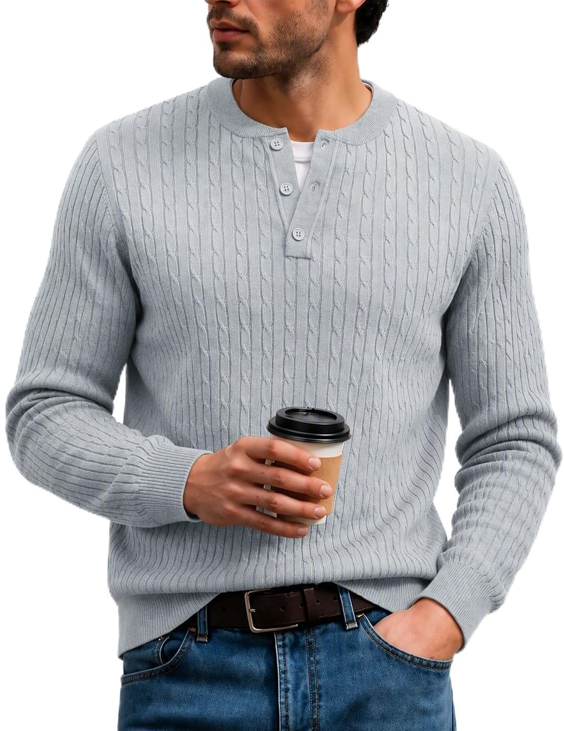 COOFANDY Mens Henley Sweater Casual Long Sleeve Cable Knit Fall Pullover