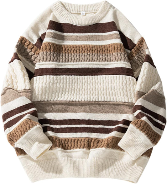 Arssm Mens Oversized Striped Sweater Vintage Crewneck Knit Pullover