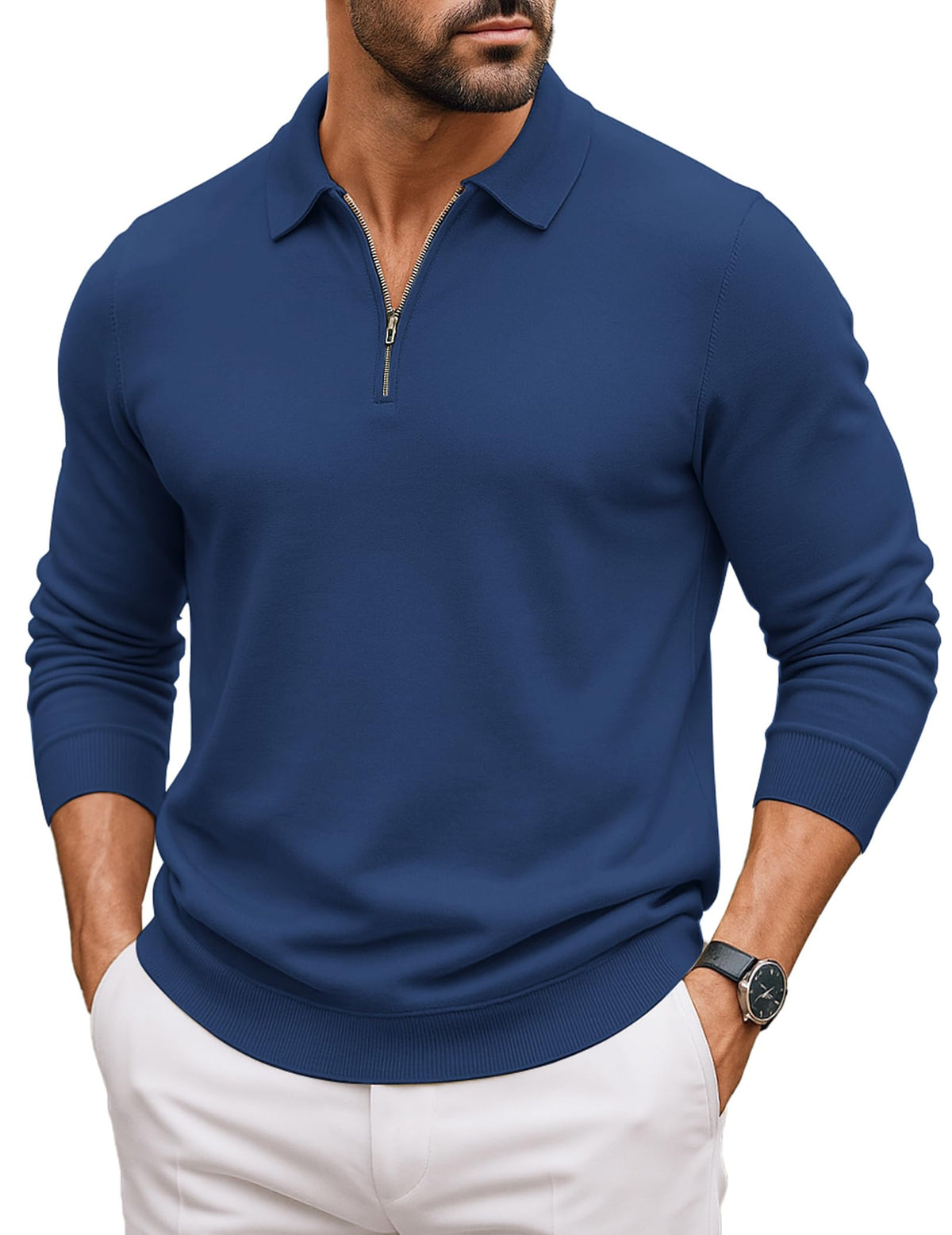 COOFANDY Mens Quarter Zip Polo Sweater Long Sleeve Casual Knit Polo Shirts