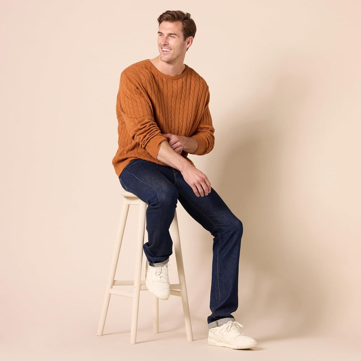 Amazon Essentials Men's Cable Knit Cotton Pullover Crewneck Sweater, Ribbed