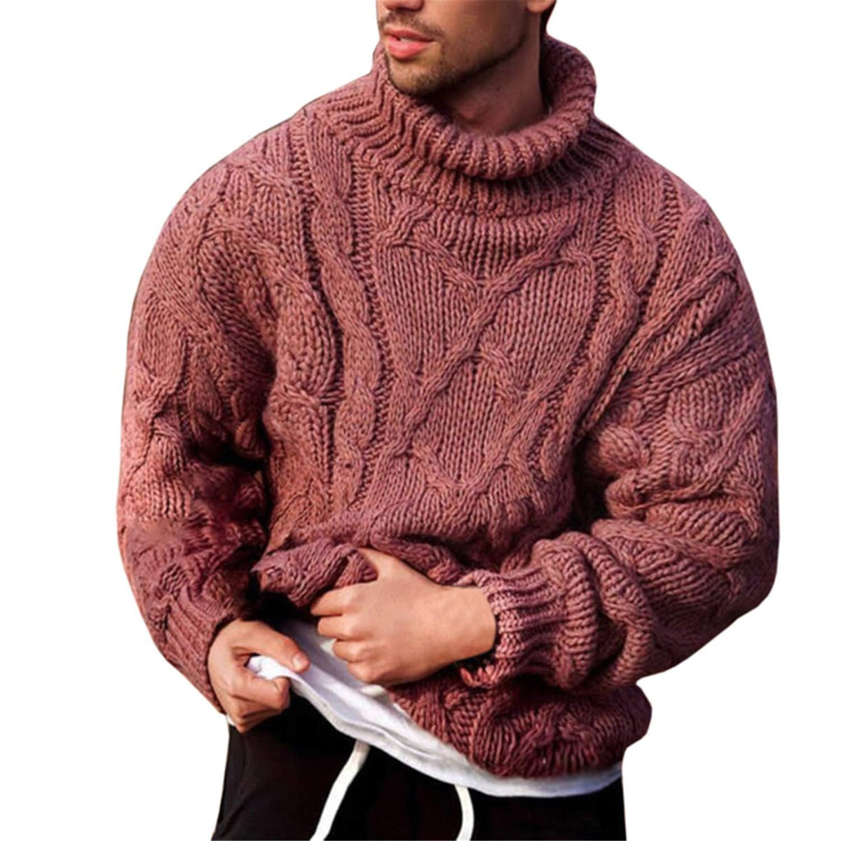Runcati Mens Cable Knit Sweater Turtleneck Casual Chunky Pullover Jumper