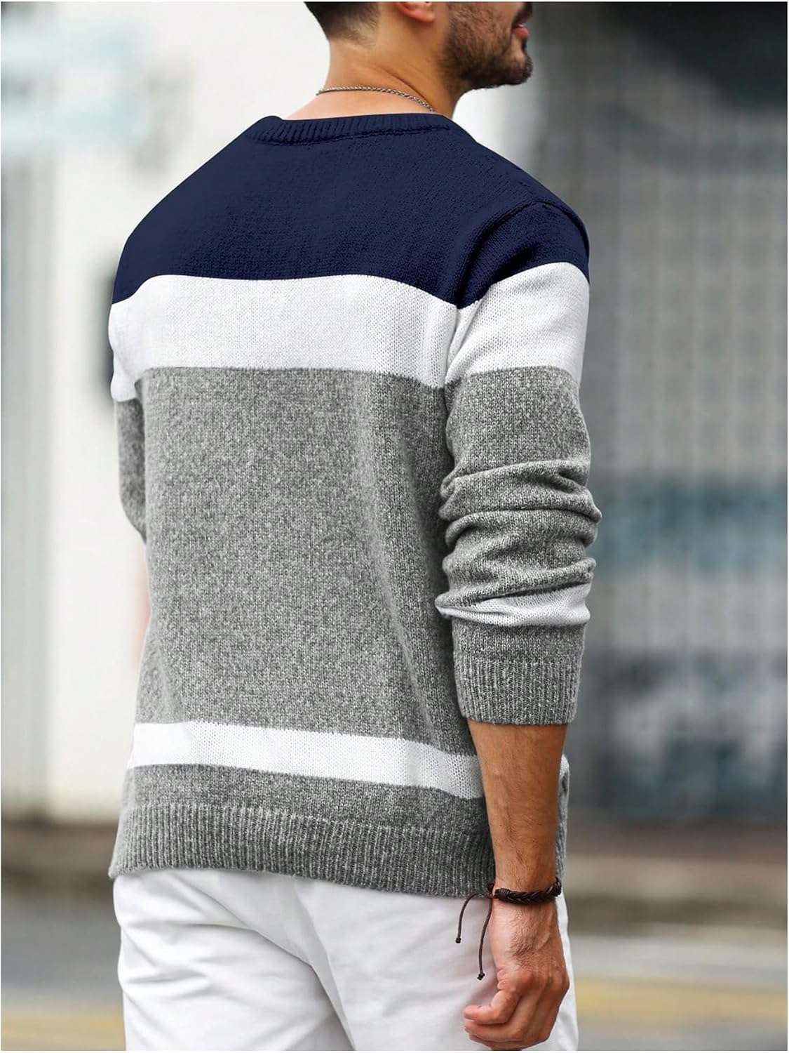 BEAUDRM Men's Color Block Sweater Crew Neck Long Sleeve Cable Knit Pullover Tops Casual Knitwear