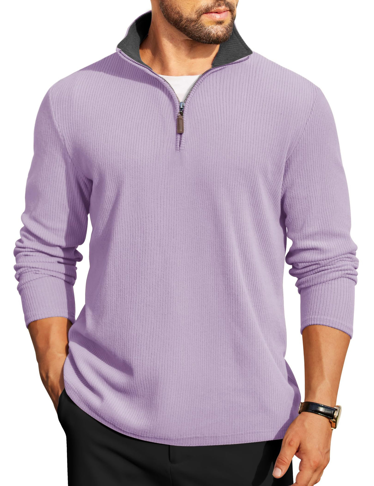 COOFANDY Mens Quarter Zip Pullover Contrast Collar Corduroy Sweatshirt