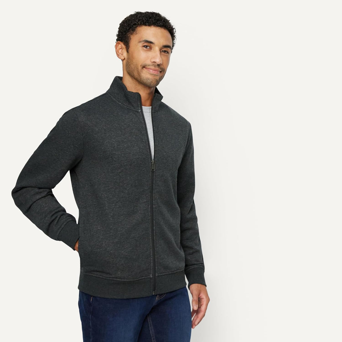 Amazon Essentials Men's Full Zip Mock Neck French Terry Sweatshirt, Lightweight