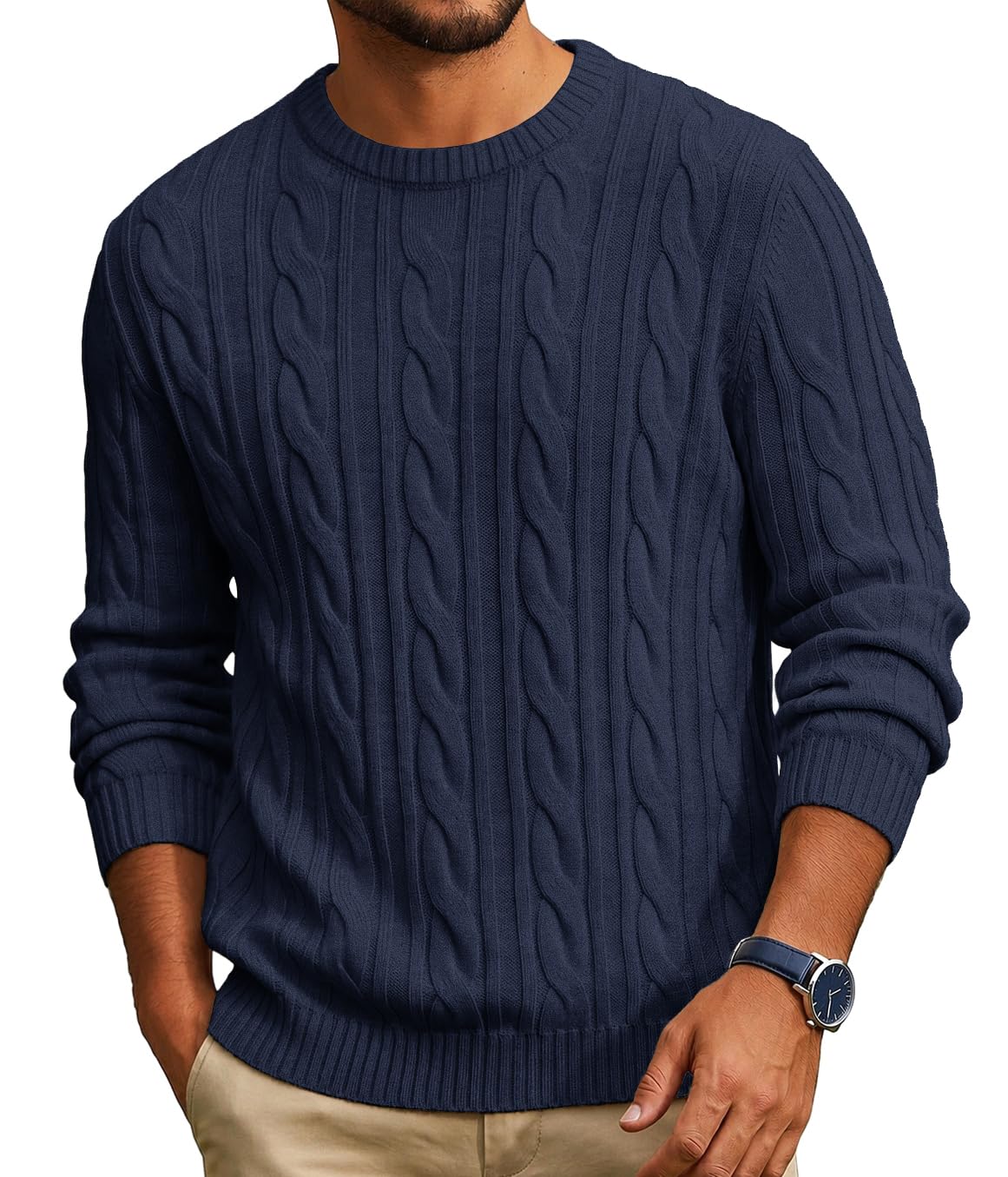 COOFANDY Mens Sweater Crewneck Cable Knit Sweater Casual Warm Pullover