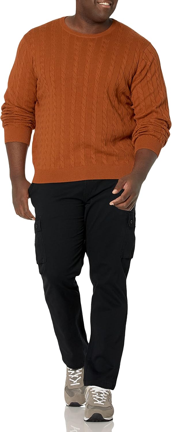 Amazon Essentials Men's Cable Knit Cotton Pullover Crewneck Sweater, Ribbed