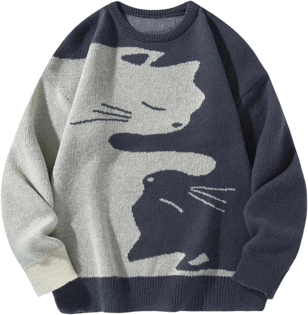 SHENHE Men's Graphic Cat Print Drop Shoulder Long Sleeve Pullover Sweater