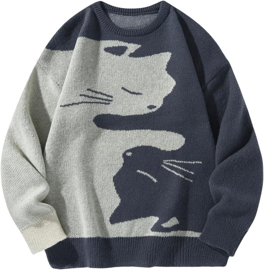 SHENHE Men's Graphic Cat Print Drop Shoulder Long Sleeve Pullover Sweater