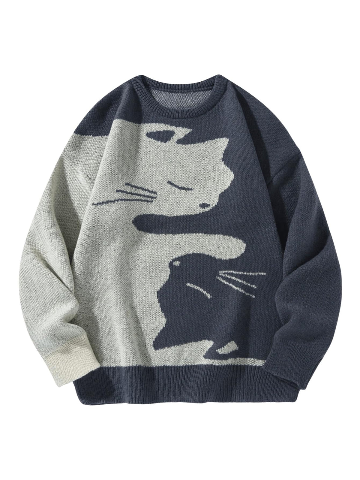 SHENHE Men's Graphic Cat Print Drop Shoulder Long Sleeve Pullover Sweater