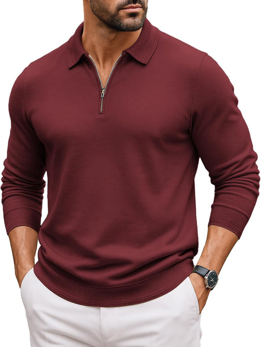 COOFANDY Mens Quarter Zip Polo Sweater Long Sleeve Casual Knit Polo Shirts