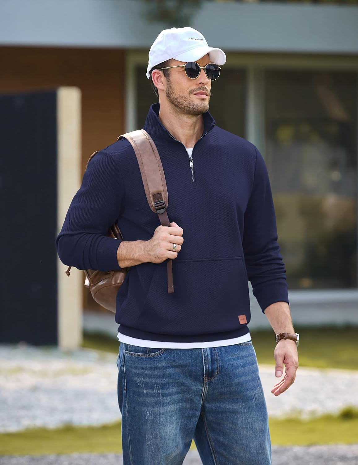 COOFANDY Mens Quarter Zip Pullover Modern Quilted Mock Neck Sweatshirt