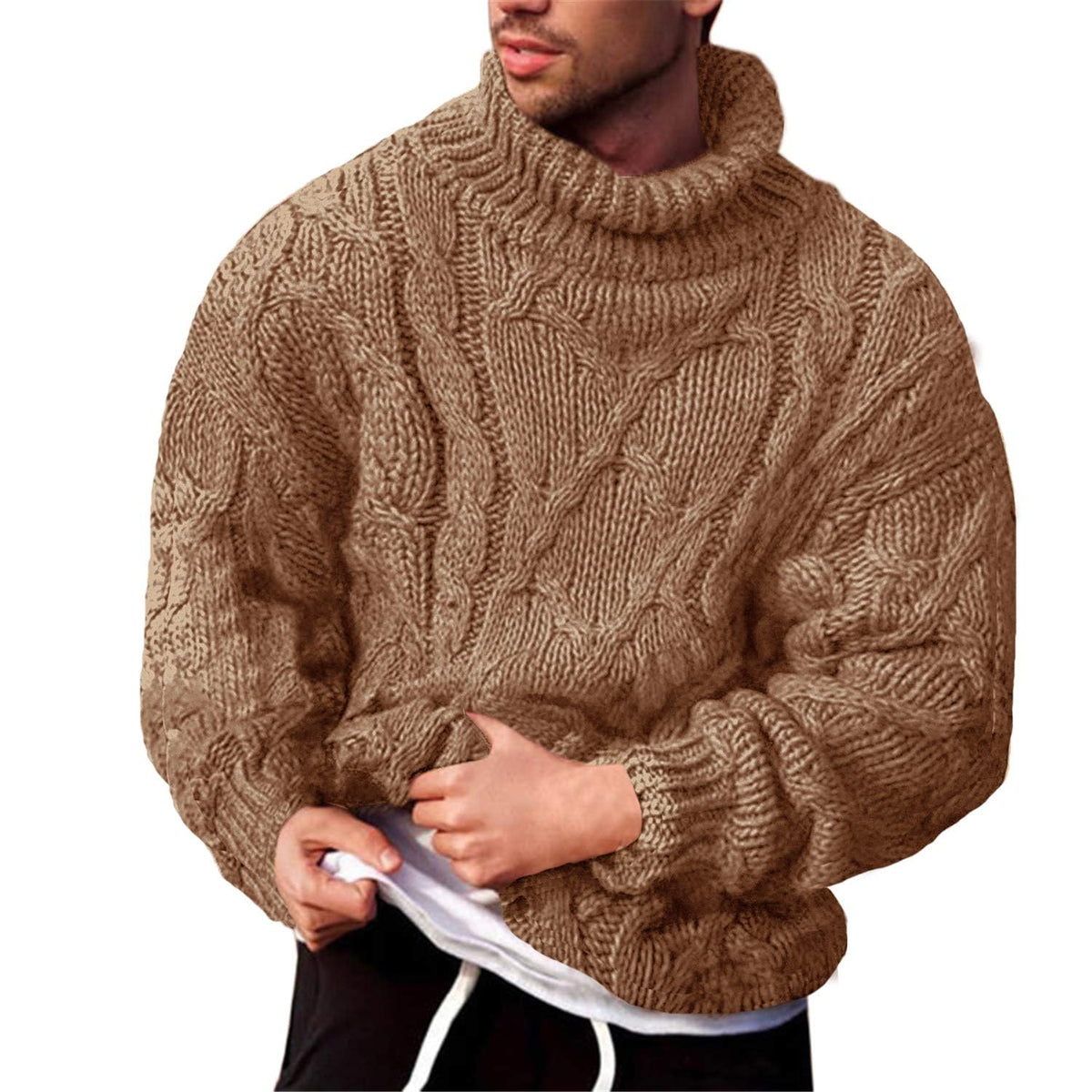 Runcati Mens Cable Knit Sweater Turtleneck Casual Chunky Pullover Jumper