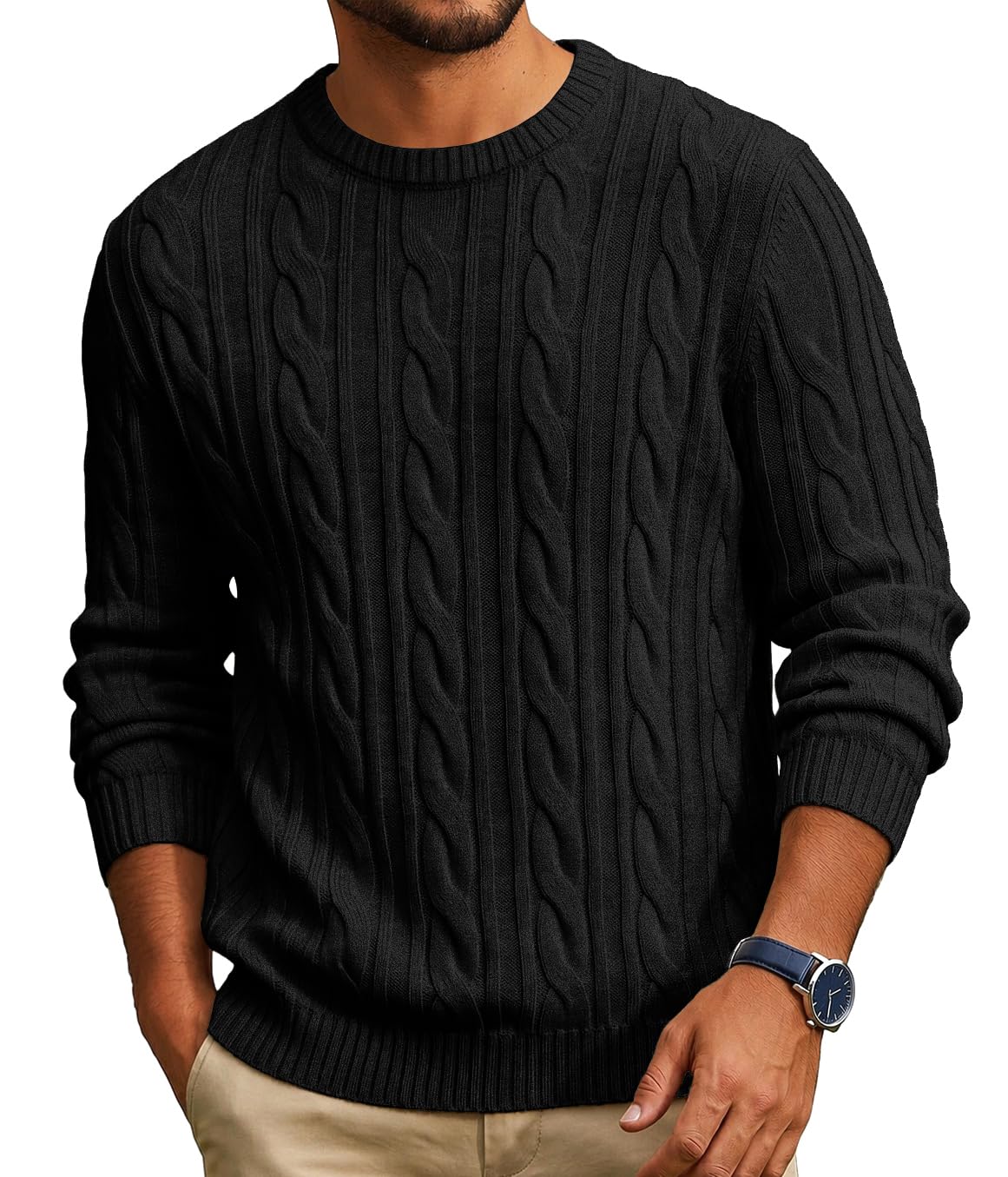 COOFANDY Mens Sweater Crewneck Cable Knit Sweater Casual Warm Pullover