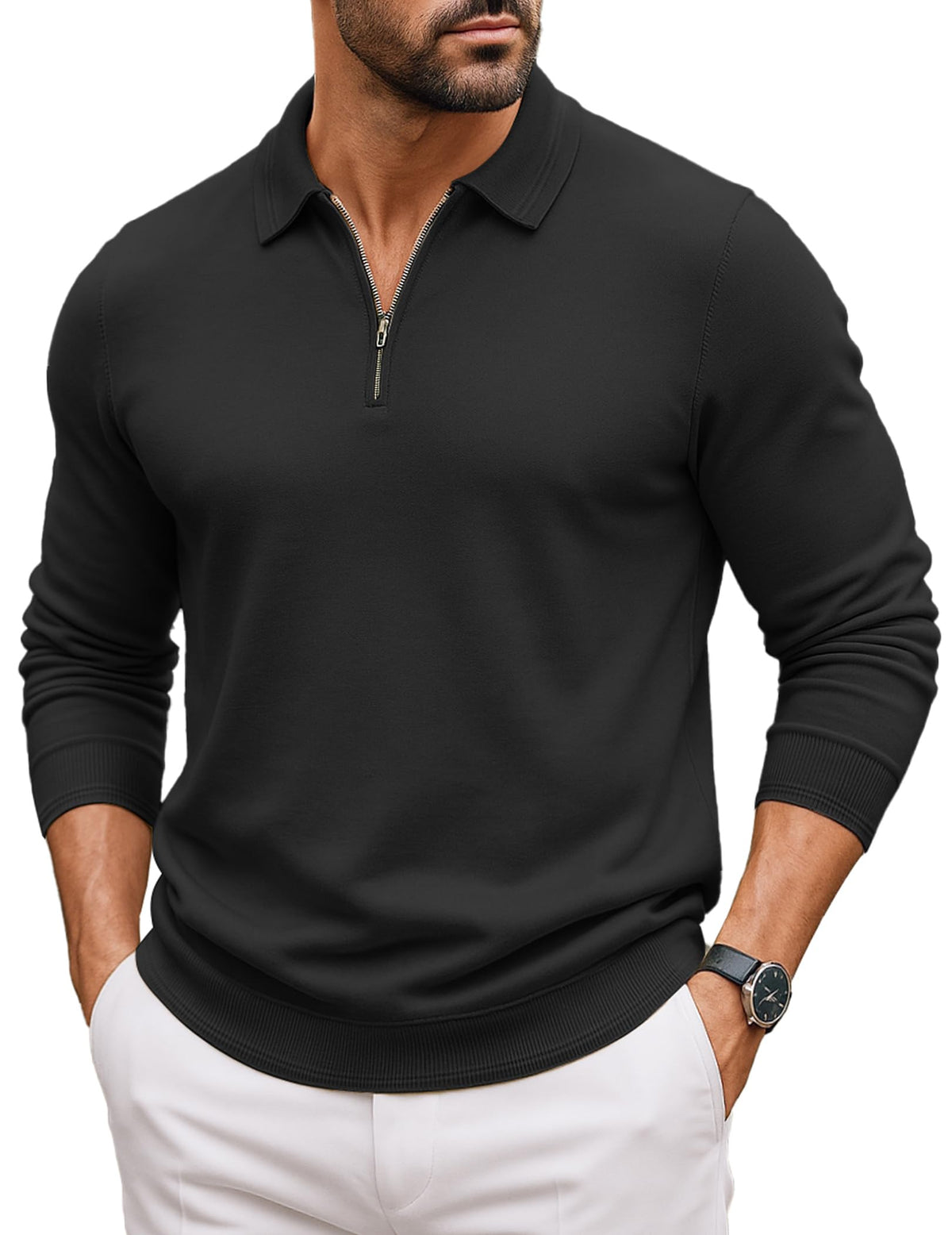 COOFANDY Mens Quarter Zip Polo Sweater Long Sleeve Casual Knit Polo Shirts