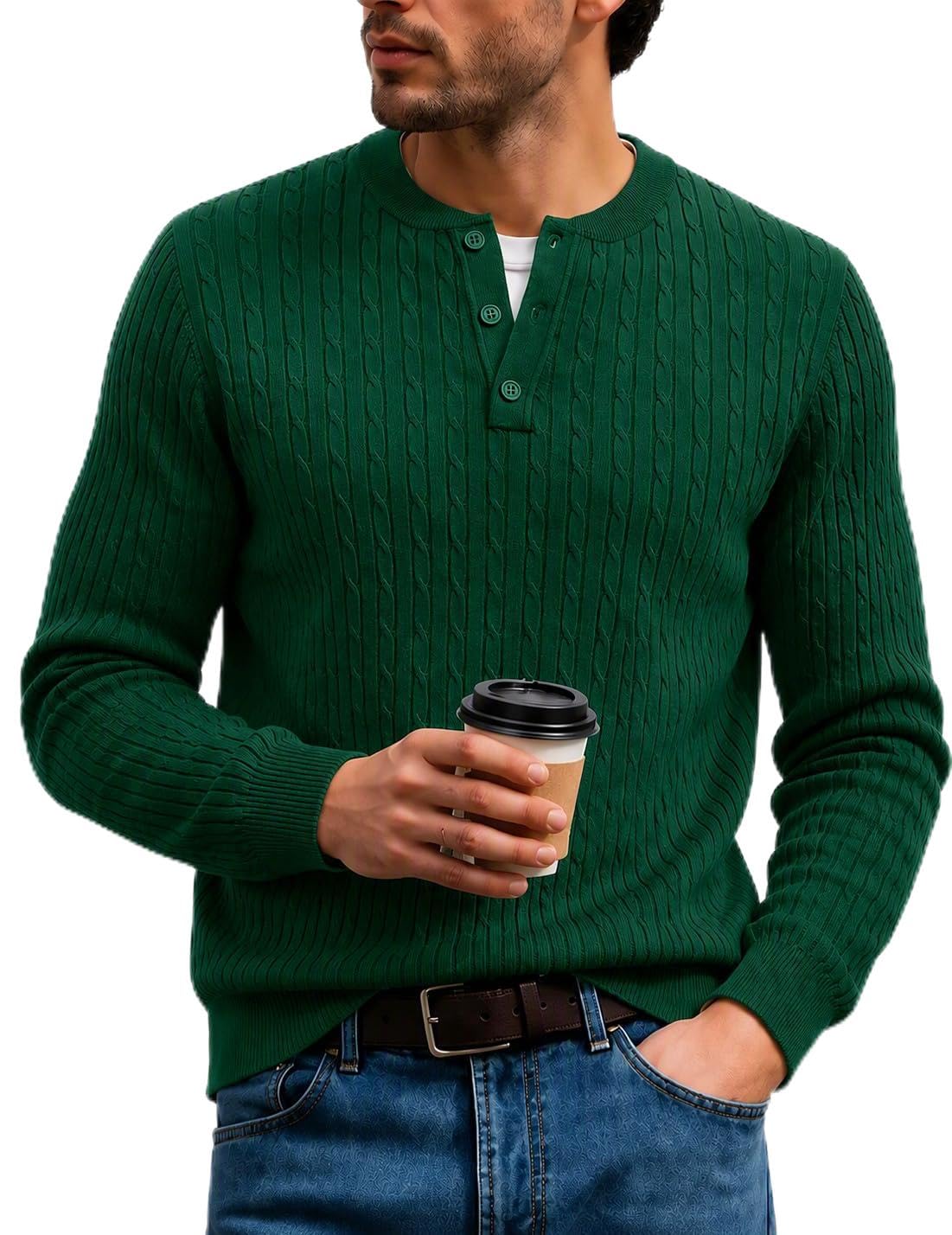 COOFANDY Mens Henley Sweater Casual Long Sleeve Cable Knit Fall Pullover
