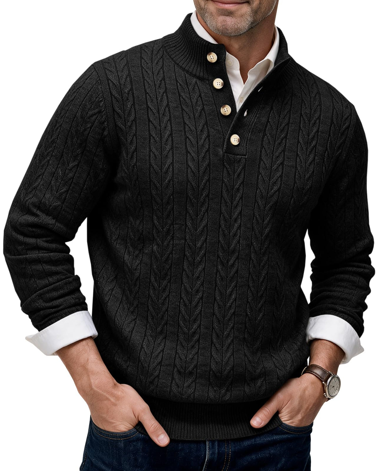 Runcati Mens Cable Knit Pullover Sweater Casual Stand Collar Button Tops