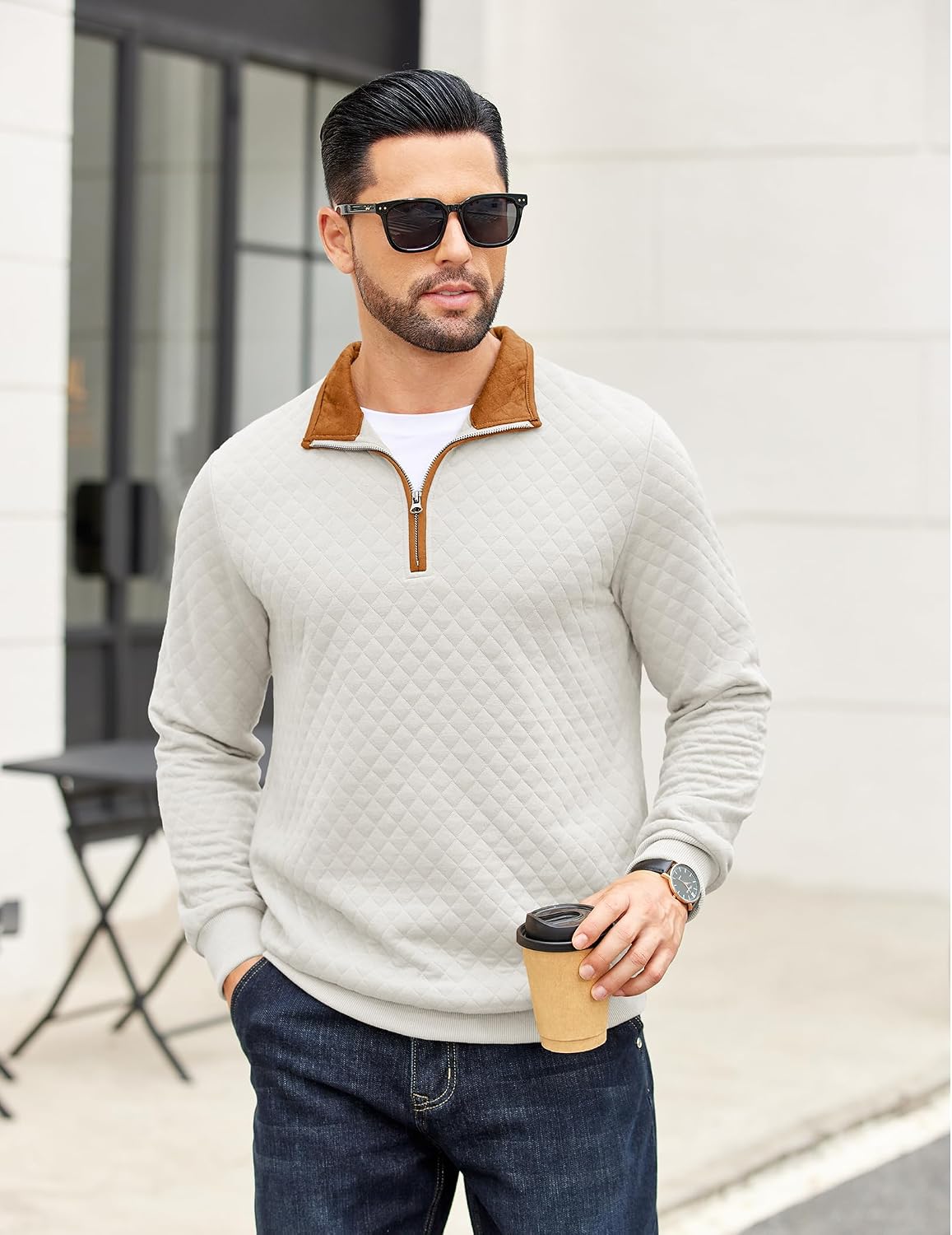 COOFANDY Mens Quarter Zip Pullover Casual Mock Neck Quilted Sweatshirt 2026