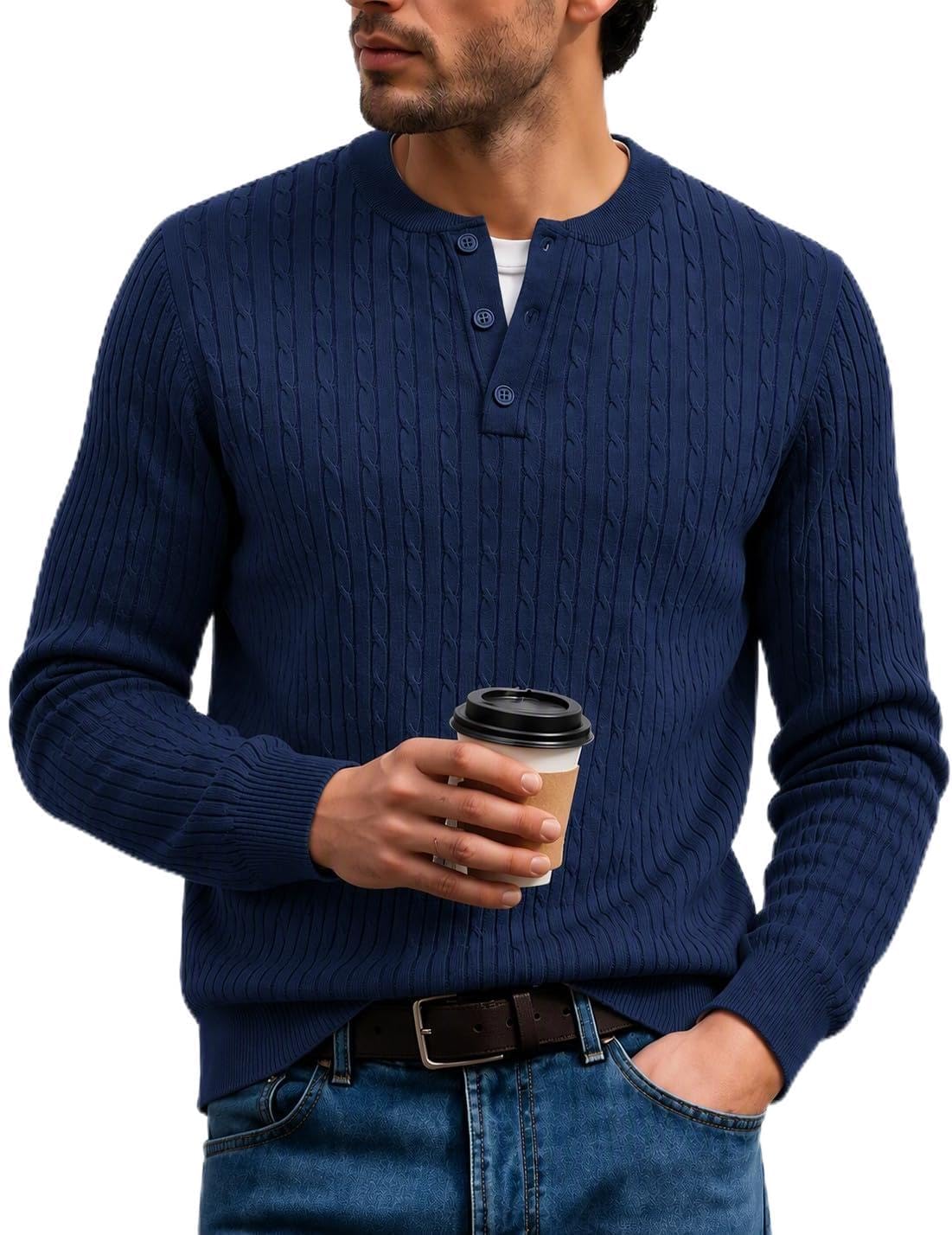 COOFANDY Mens Henley Sweater Casual Long Sleeve Cable Knit Fall Pullover