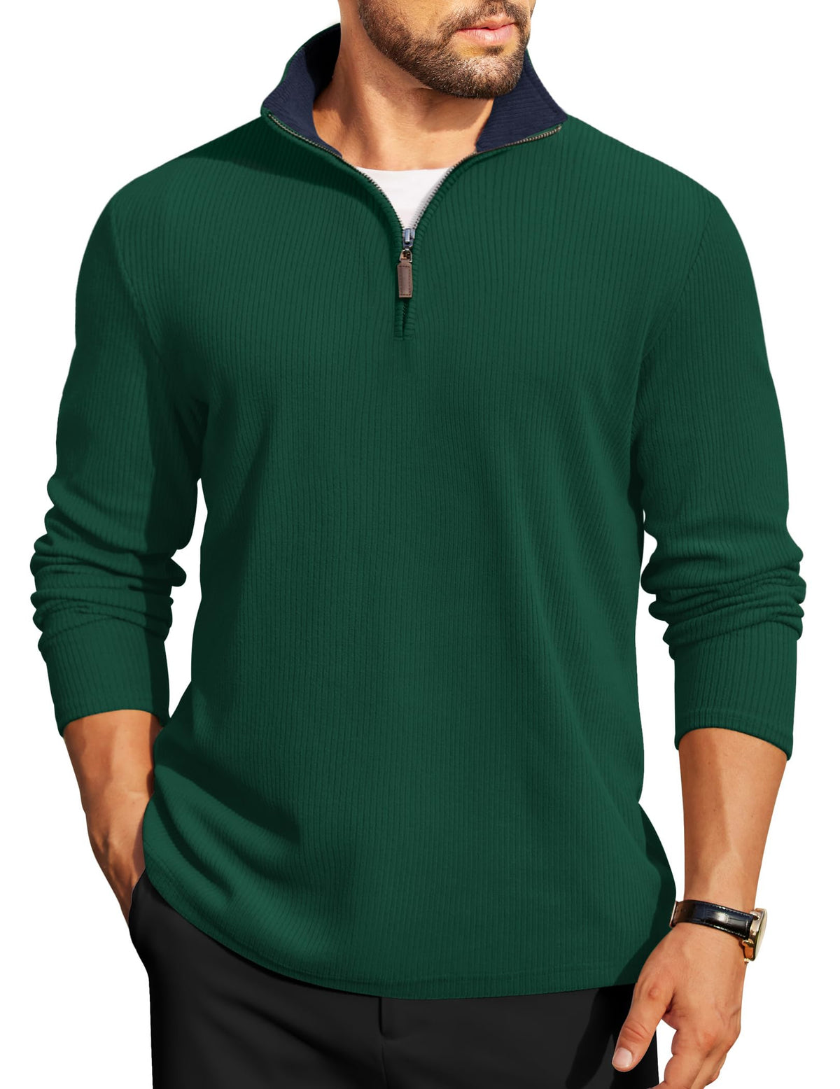 COOFANDY Mens Quarter Zip Pullover Contrast Collar Corduroy Sweatshirt