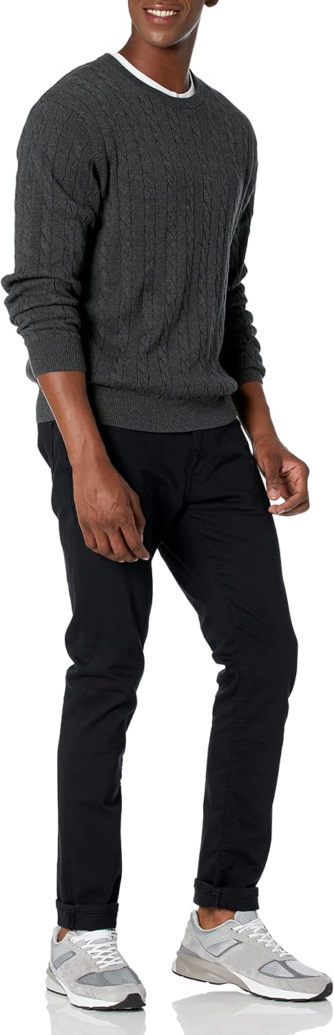Amazon Essentials Men's Cable Knit Cotton Pullover Crewneck Sweater, Ribbed