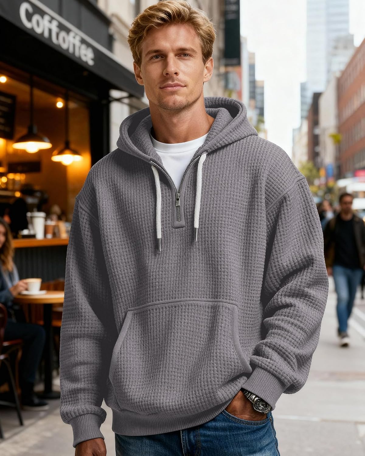 PIDOGYM Men's Quarter Zip Hoodie Waffle Knit Pullover Long Sleeve Casual Loose Fit Sweatshirt Hooded Tops with Pockets