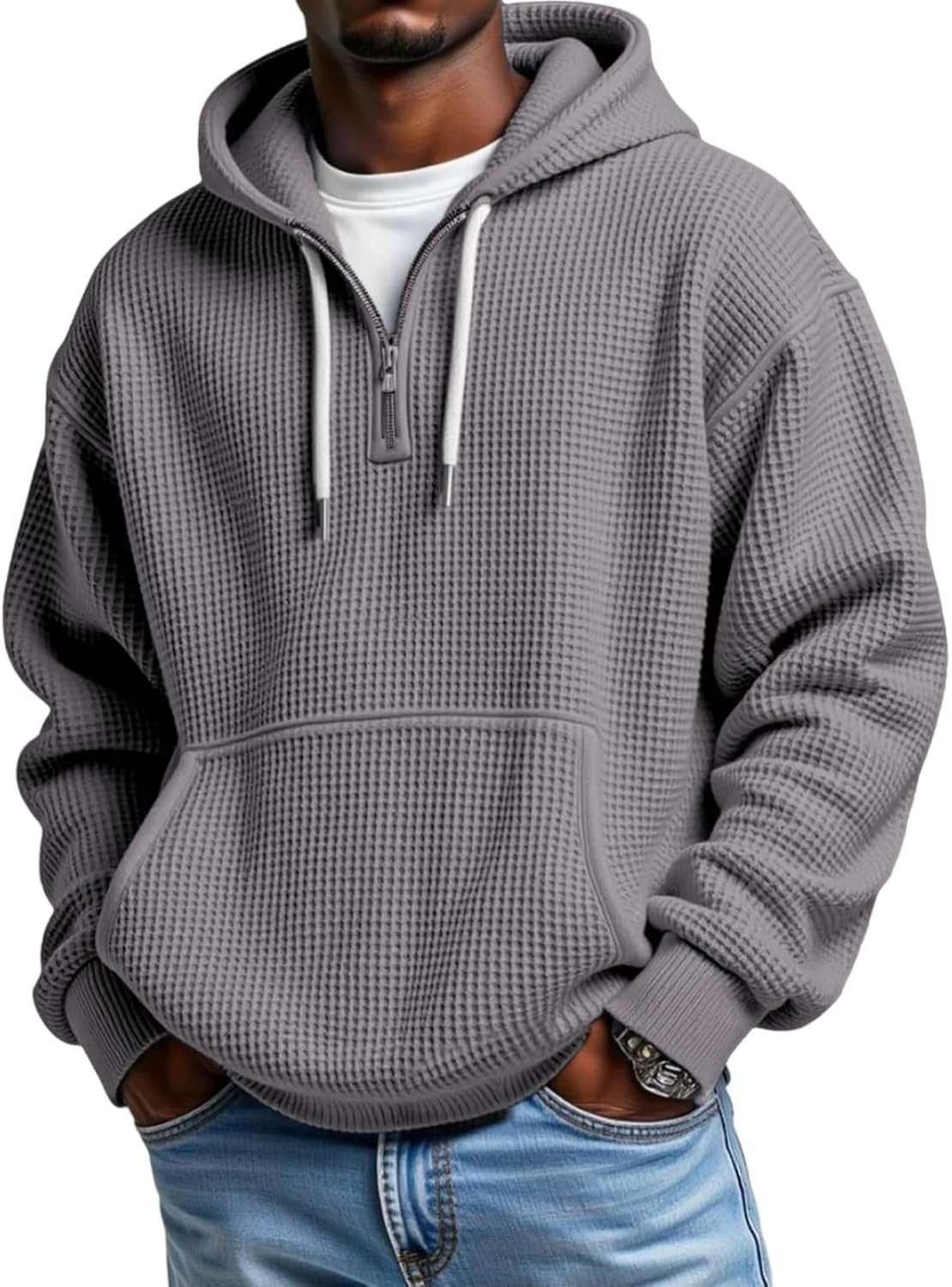 PIDOGYM Men's Quarter Zip Hoodie Waffle Knit Pullover Long Sleeve Casual Loose Fit Sweatshirt Hooded Tops with Pockets