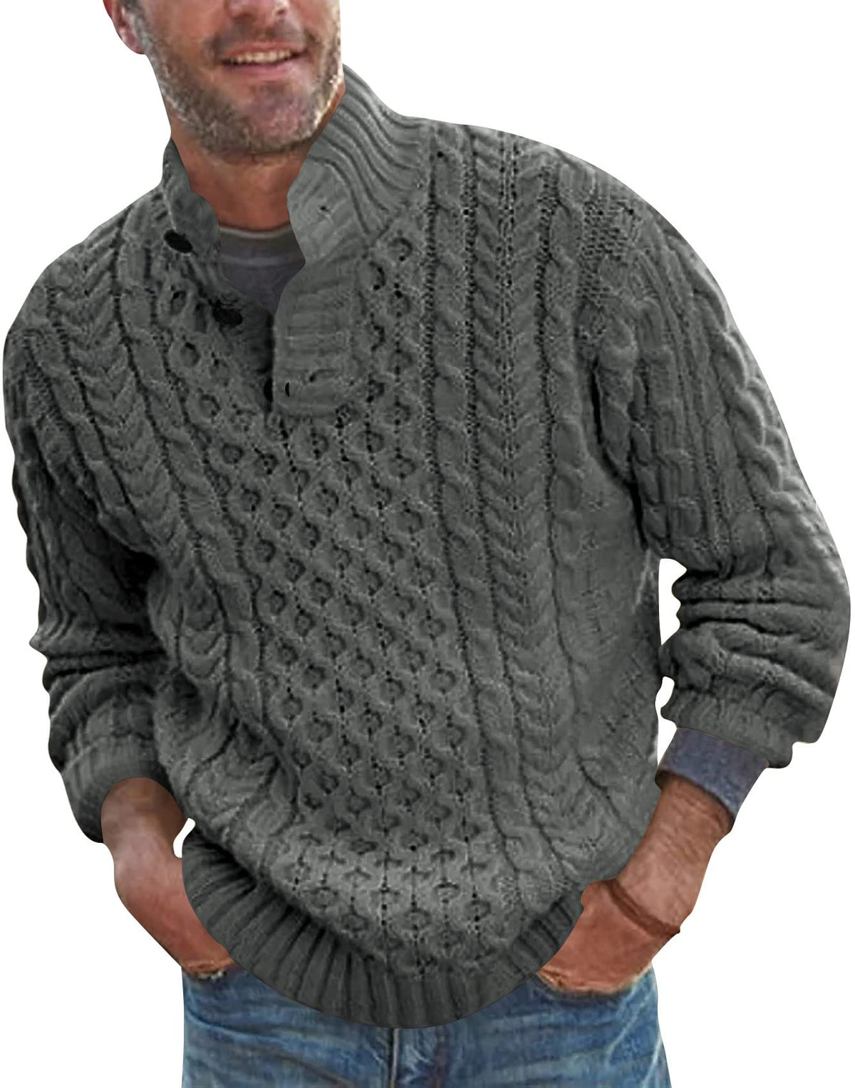 Bbalizko Mens Stand Collar Pullover Sweater Cable Knitted Chunky Sweaters