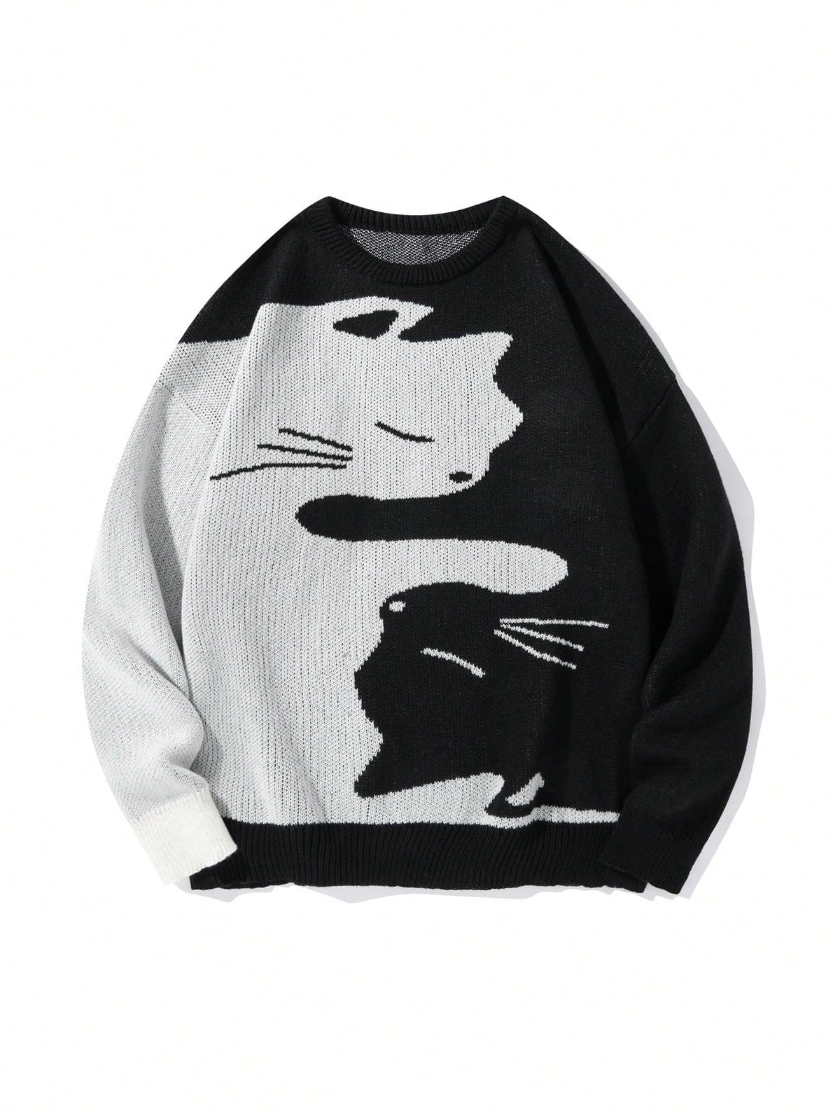 SHENHE Men's Graphic Cat Print Drop Shoulder Long Sleeve Pullover Sweater