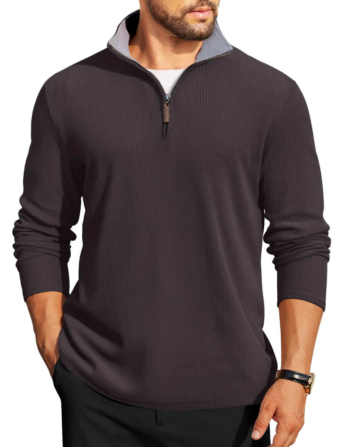 COOFANDY Mens Quarter Zip Pullover Contrast Collar Corduroy Sweatshirt