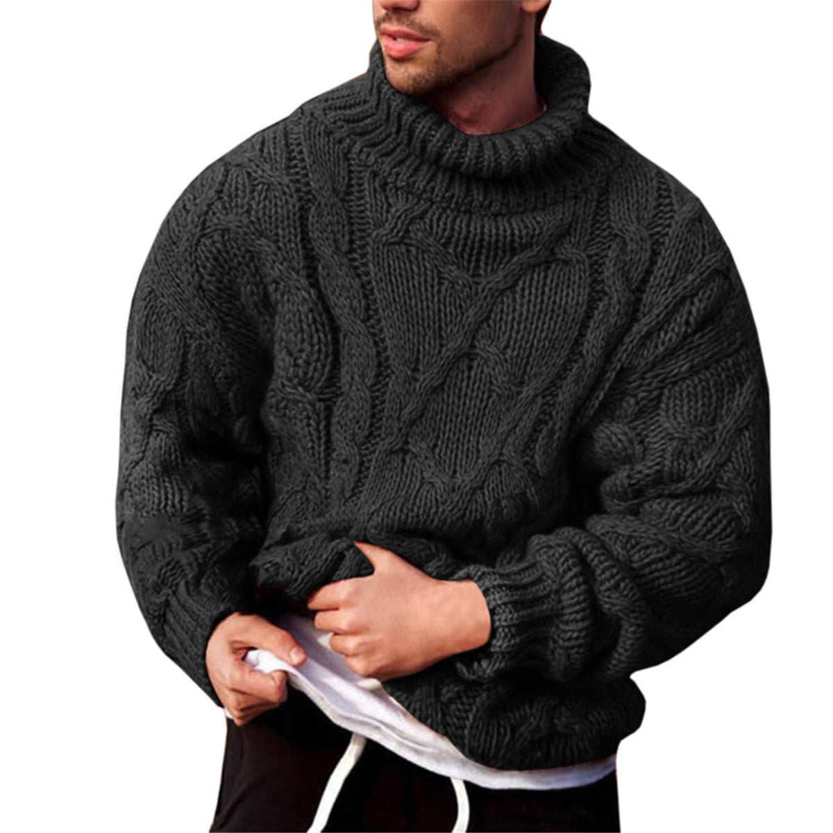 Runcati Mens Cable Knit Sweater Turtleneck Casual Chunky Pullover Jumper