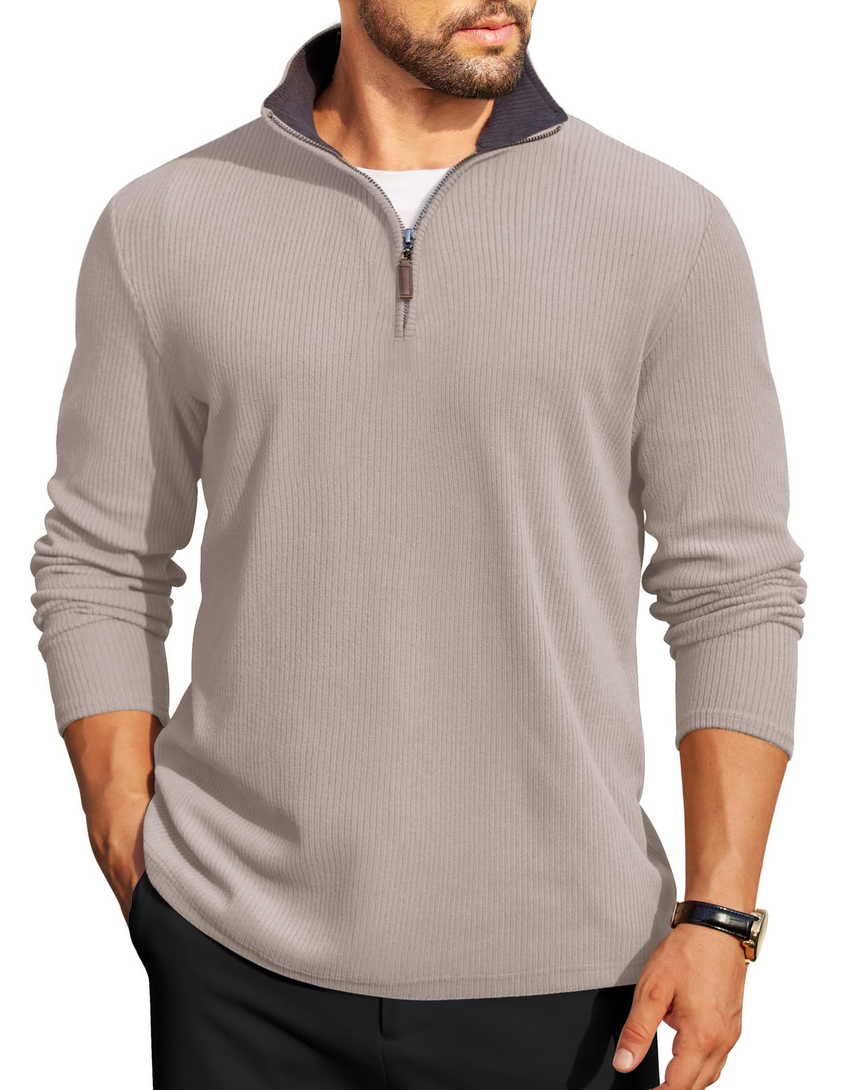 COOFANDY Mens Quarter Zip Pullover Contrast Collar Corduroy Sweatshirt