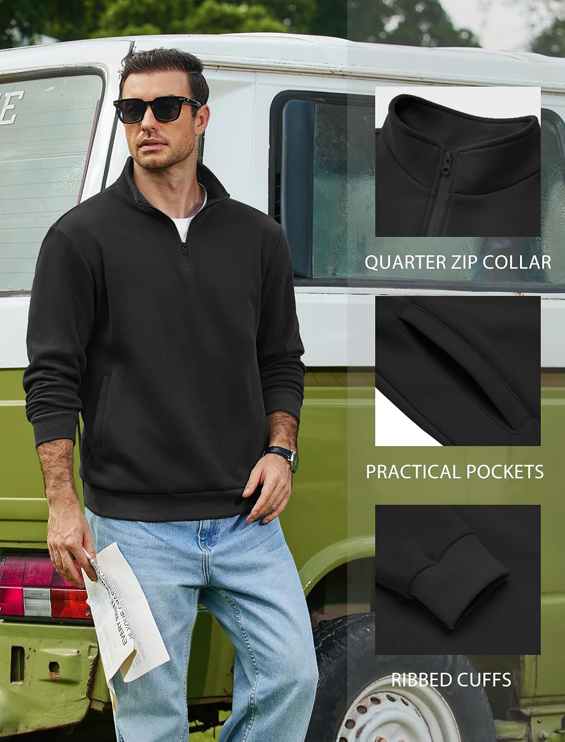 COOFANDY Mens Quarter Zip Pullover Sweatshirt Fleece Mock Neck with Pocket