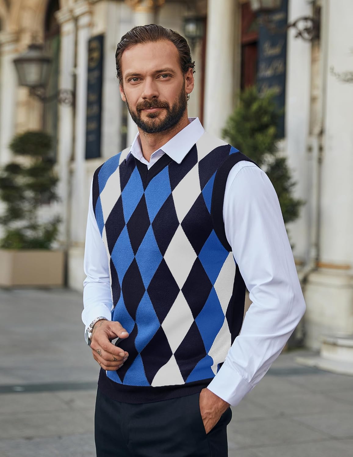 COOFANDY Men's Sleeveless V Neck Pullover Sweater Argyle Knit Vest Sweaters