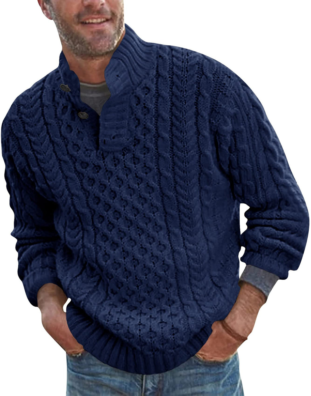 Bbalizko Mens Stand Collar Pullover Sweater Cable Knitted Chunky Sweaters