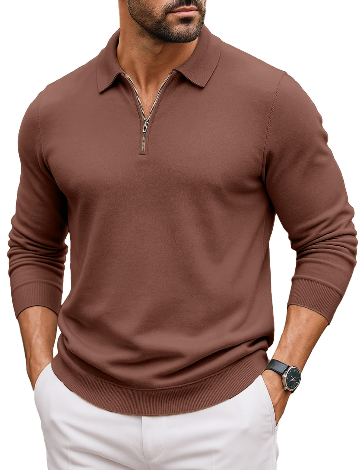 COOFANDY Mens Quarter Zip Polo Sweater Long Sleeve Casual Knit Polo Shirts