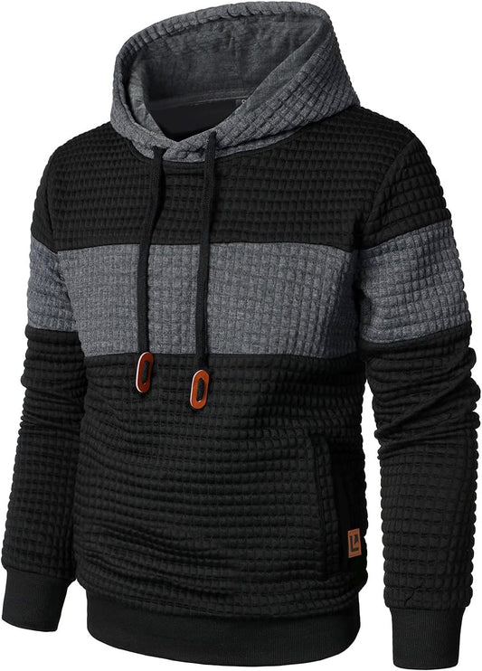 Qichic Men’s Sweatshirts Long Sleeve Pullover Patchwork Plaid Jacquard Hoodie Casual Drawstring Hoody Top