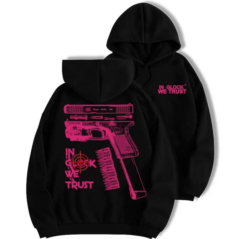 Relaxed Fit Gothic Hoodie with "In Glock We Trust" Witch Graphic, Unisex Fleece Pullover for Couples, Casual Halloween Streetwear, Cotton, M, Party, Tops, Sweatshirts, Menswear, Long Sleeve, New Year, Aesthetics, Thanksgiving