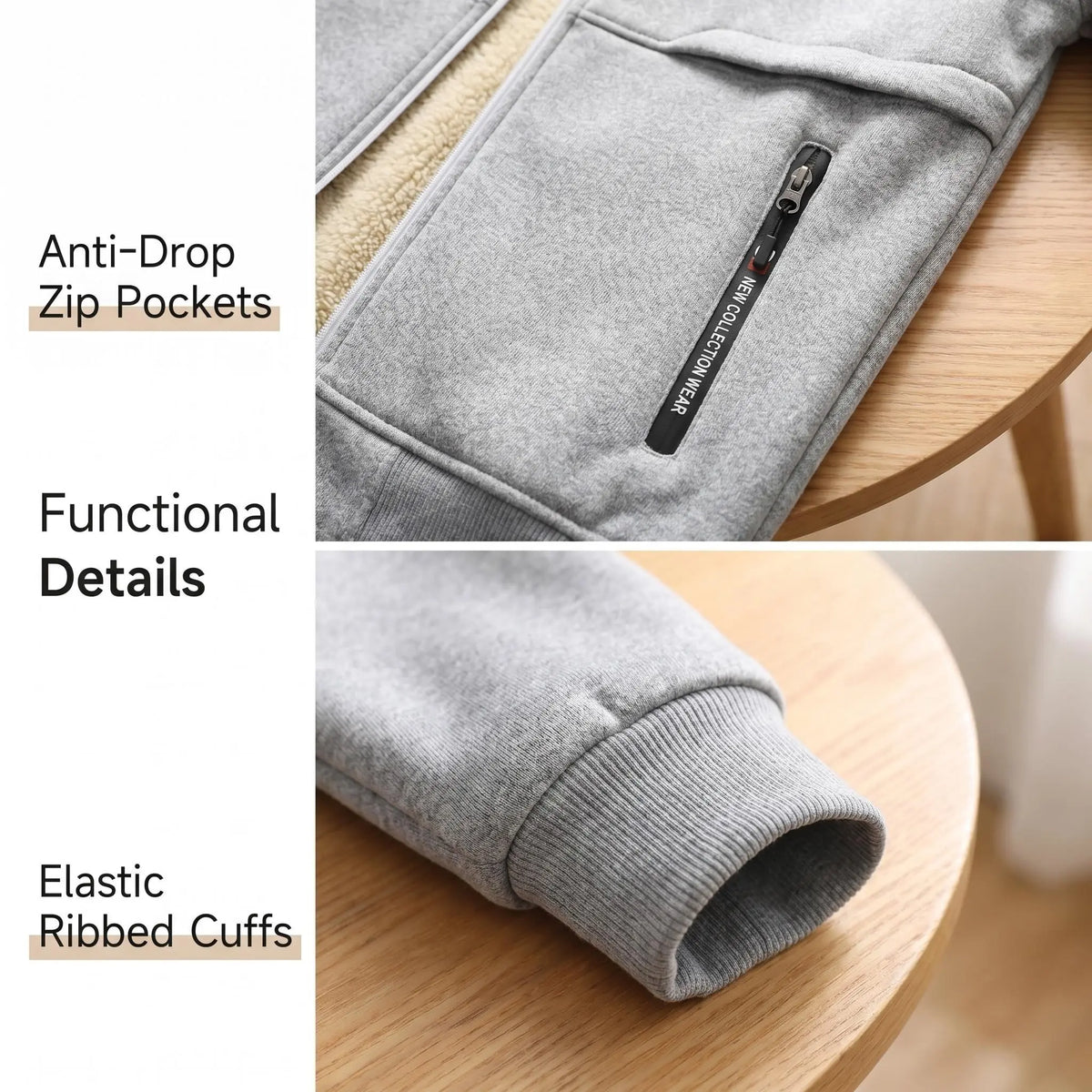 Men's Plain Zip-Up Hoodie - Thick Sherpa Fleece Lined Winter Fleece Jacket with Zippered Pockets for Casual Outdoor Work Use