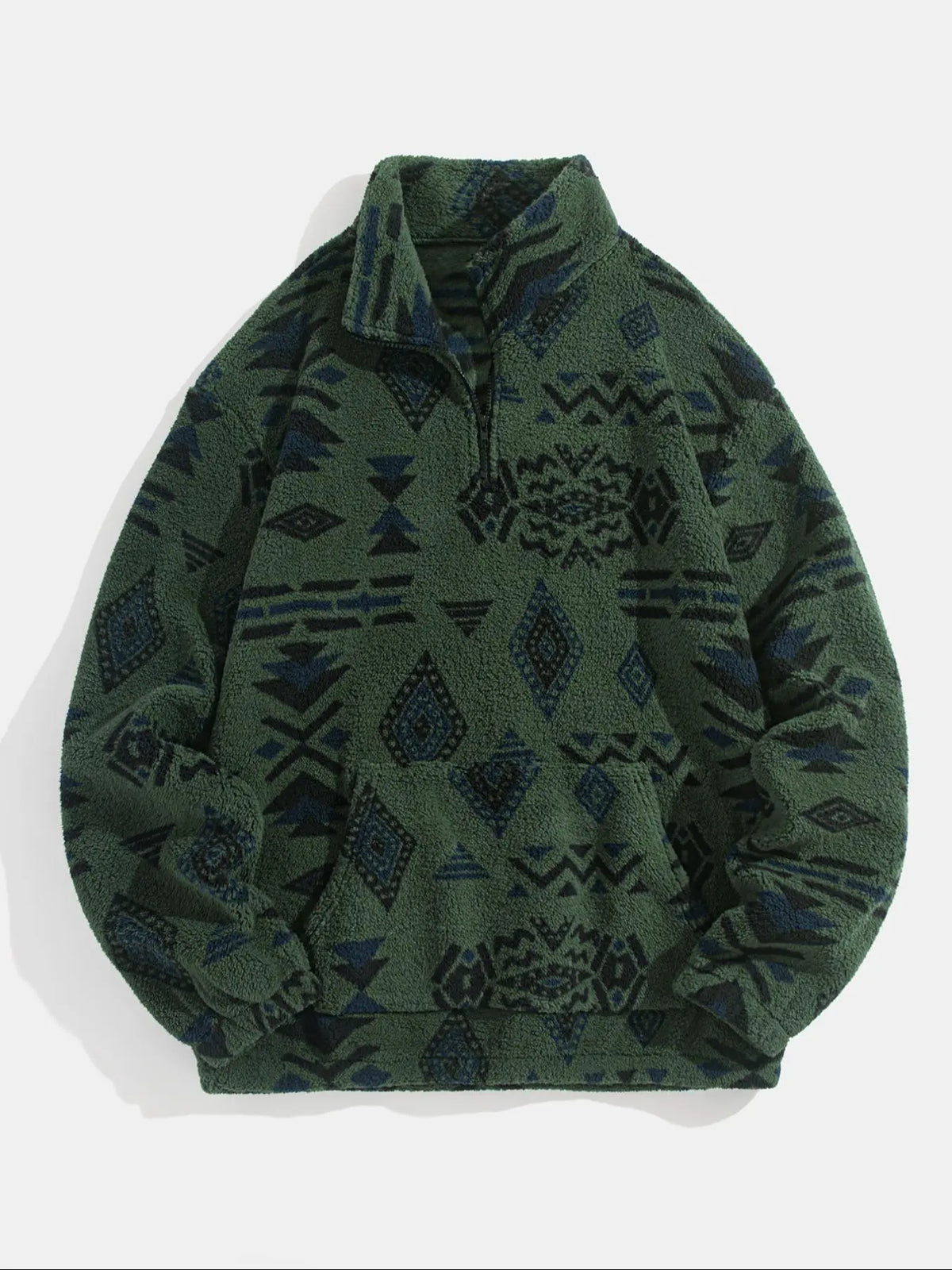 Men's Ethnic Pattern Zip Up Plush Loose Sweatshirt, Casual Long Sleeve Pocket Collared Pullover for Winter, Fashion Men's Clothes for Daily Wear