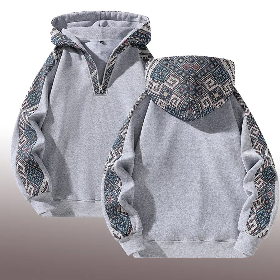 Men's Basic Casual Hooded Sweatshirt - Half-Zip, Retro Ethnic Patchwork, Ribbed Hem & Cuffs, Long Sleeve, Standard Classic Polyester Top, Mens Clothes