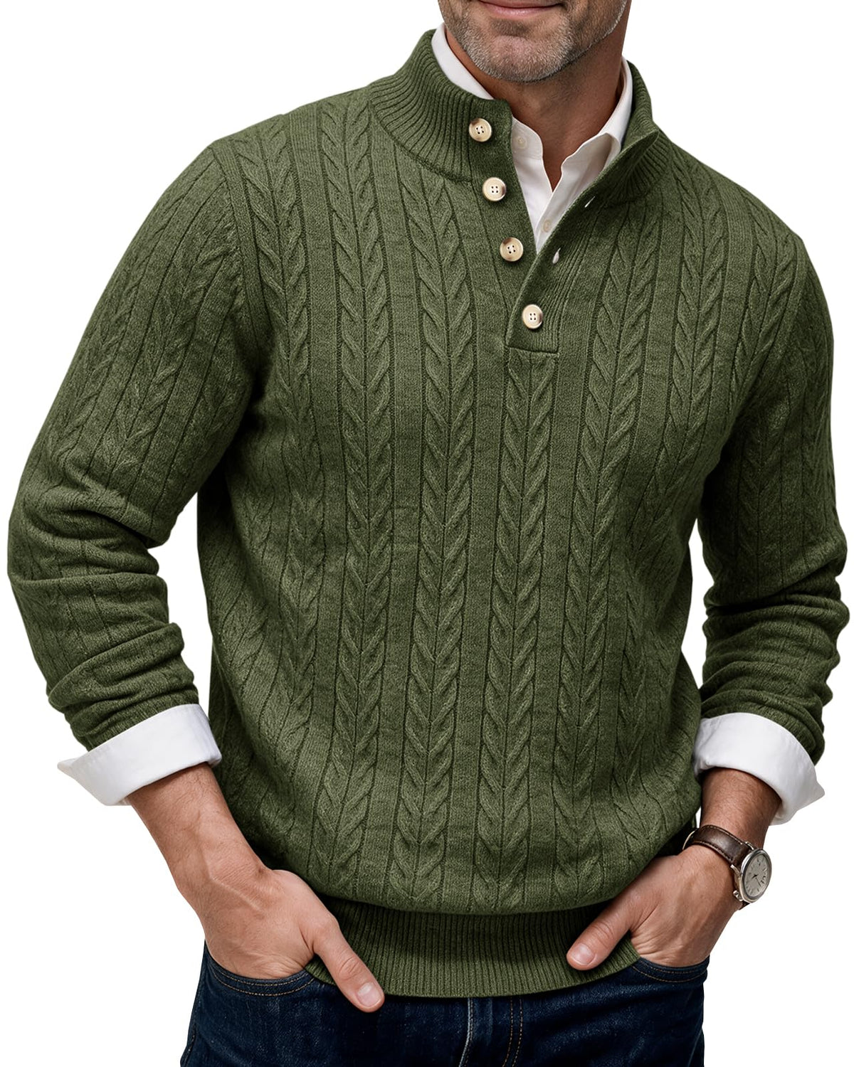 Runcati Mens Cable Knit Pullover Sweater Casual Stand Collar Button Tops