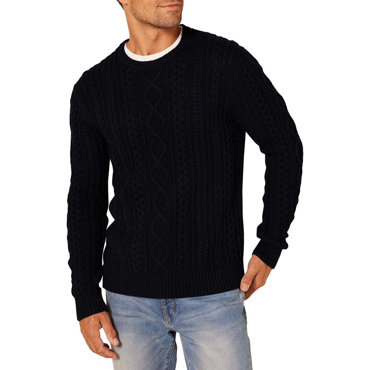 Amazon Essentials Men's Long-Sleeve 100% Cotton Knitted Fisherman Cable Crewneck Sweater