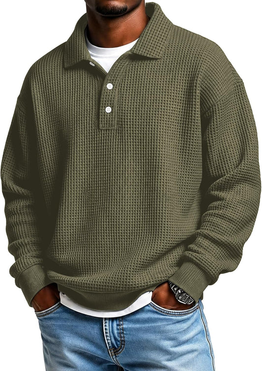 Men’s Polo Sweatshirt Pullover Waffle Knit Long Sleeve No Cap Hoodies